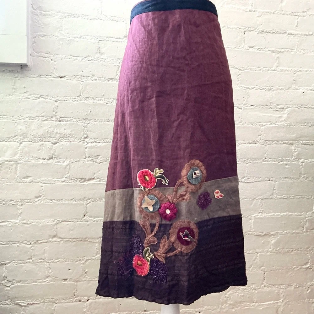 Vintage Handmade Long Apron Skirt Boho Embroidered Flowers 3D Boho Linen Blend
